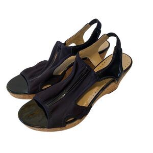 Adrienne Vittadini Black Cloth & Patent Leather Peep Toe Cork Wedge Heels.